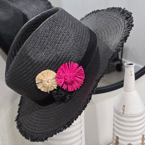 Victoria’s Secret ✦ Black Woven Straw Hat ✦ Fringe Brim w/ Floral Accents OS NWT main image 6